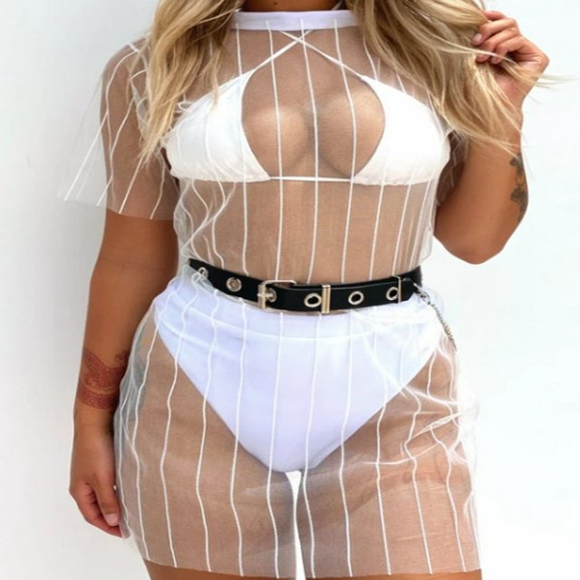 Women Mesh See Through Blouse Short Sleeve Striped Swimsuit Cover
