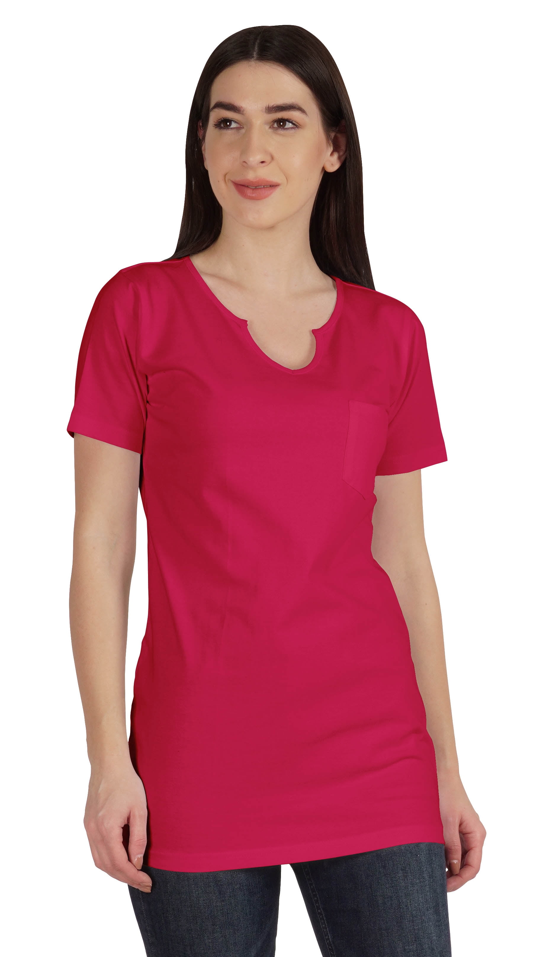 Inkmeso Long Length Notch Neck Top For Women Basic Cotton Tee Shirt w/ Pocket Patch Legging Top