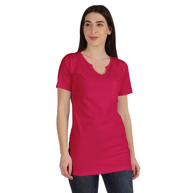 Inkmeso Long Length Notch Neck Top For Women Basic Cotton Tee Shirt w/ Pocket Patch Legging Top