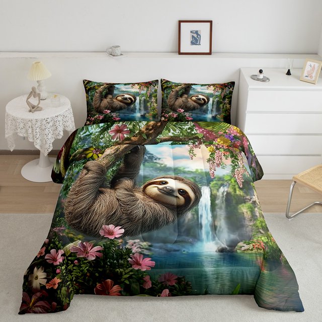 Erosebridal 3D Sloth Bedding Full Comforter Set, Pink Flower Down Comforter, Animal Print Decor, Reversible 3-Piece