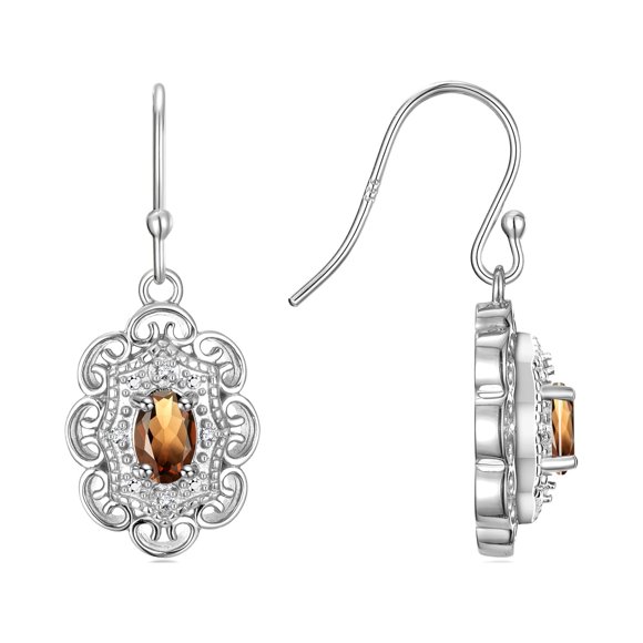 Rylos 14K White Gold Antique Style Floral Earrings - Oval 6X4M Smoky Quartz & Sparkling Diamonds -  Exquisite Birthstone Jewelry