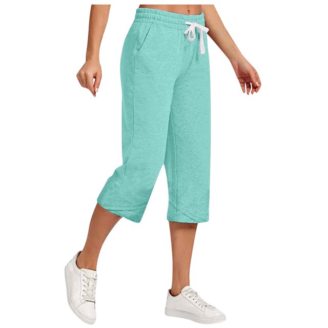 AherBiu Womens Capris for Summer Cotton Linen High Waisted Drawstring Cropped Pants Loose Lounge Capris Trousers