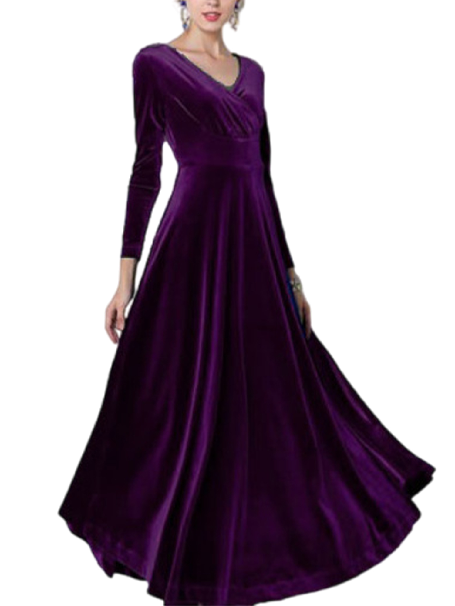 Innerwin A Line Dress Solid Color Women Maxi Dresses Holiday Long Sleeve Loose Purple XL