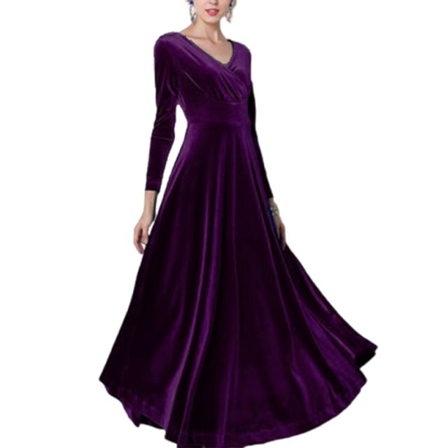 Innerwin A Line Dress Solid Color Women Maxi Dresses Holiday Long Sleeve Loose Purple L