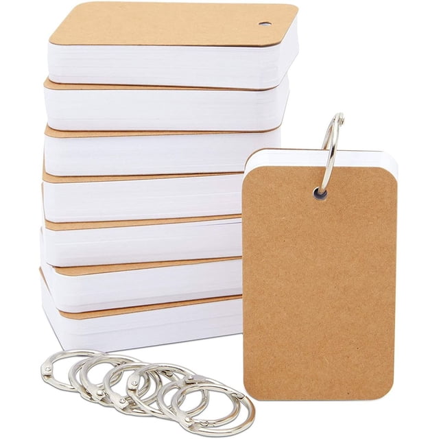 Flash Cards with Binder Rings, 8-Pack 400-Piece Study Cards featuring blank white sheets with kraft paper covers. Each card measures 2.2 x 3.5 inches and is made of 250gsm cardstock to prevent ink bleed-through. Includes stainless steel binder rings for organization. Ideal for language learning, note-taking, and studying. Compact size for portability.
