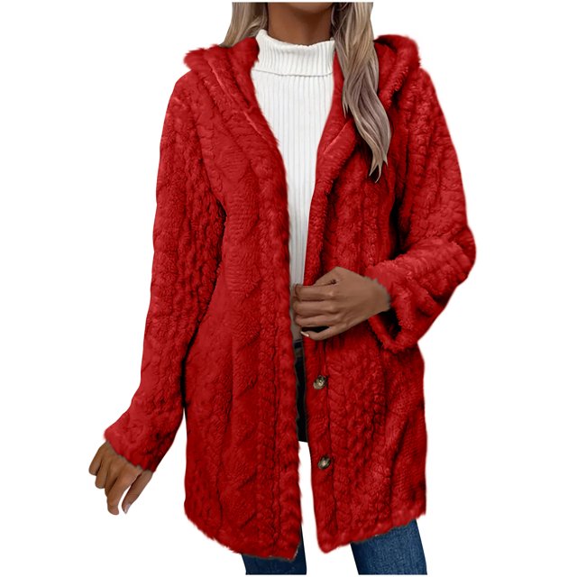 KIHOUT Womens Winter Long Sleeve Solid Fuzzy Fleece Open Front Button Hooded Cardigans Jacket Coats Outerwear