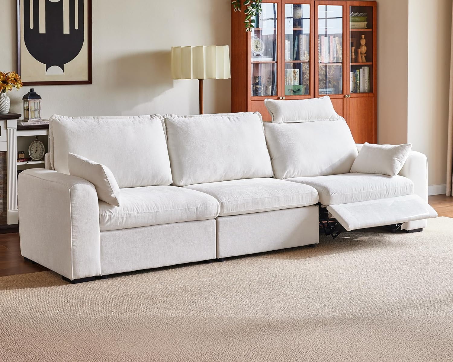 BEDEEP 125'' Power Recliner Sofa with Headrest, Moduar Cloud Sectional Chenille Reclining Couch, Convertible 3-Seater Sofa Couch for Living Room RV, White