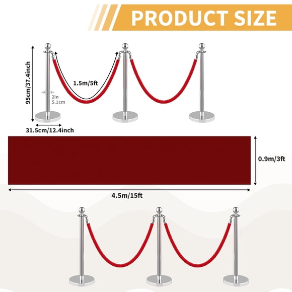 Superior Stainless Steel Stanchion Posts with Red Velvet Ropes & 26FT Red Carpet – Silver Crowd Control Barrier, Decorative Outdoor Fence for Events, Hotels, Weddings – 12PCS