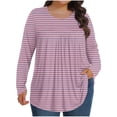 thumbnail image 2 of Mevxay Blouse à Rayures pour Femme Grande Taille Chic Décontractée T-Shirts Plissés Manches Longues Col Ras du Cou Tunique Fluide Hauts Rose 3TG, 2 of 6