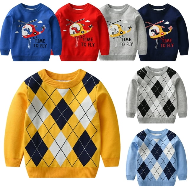 Chandail à Manches Longues Bébé Garçon Pull Automne Pull Hiver Pull à Manches Longues Enfants Chemise à Bas Col Rond 2-8T