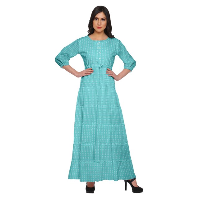 Moomaya Robe Longue Évasée Imprimée pour Femmes Manches 3/4 Col Rond Tenue Décontractée