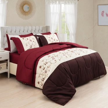 Literie Marina Décoration ultra douce et luxueuse en duvet d'oie, alternative au duvet d'oie, richement imprimée, avec draps et motif floral Cosmos bourgogne moderne
