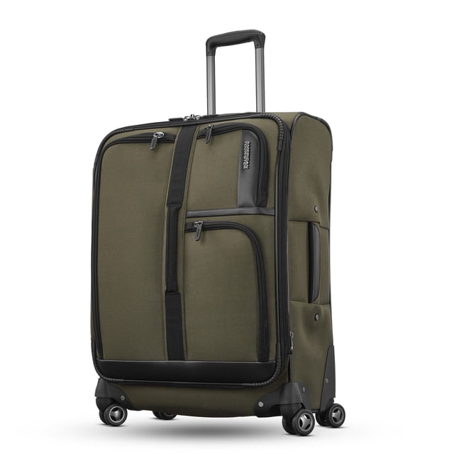American Tourister Cargo Max SS Medium checked luggage in olive green polyester featuring multiple easy-access front zippered pockets, dual spinner wheels, telescoping pull handle, grab handles on front and side, interior wet pocket, two shoe pockets, and expansion capability for organized travel.
