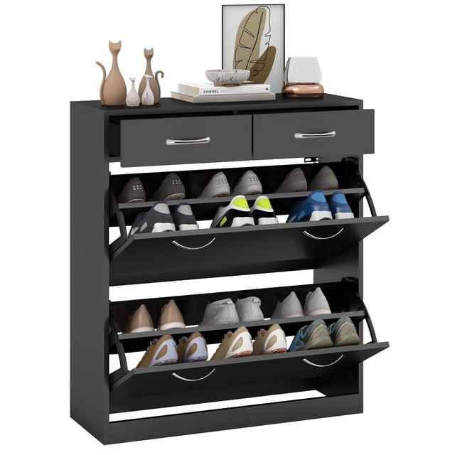 HOMCOM Armoire à Chaussures d'Entrée avec 2 Tiroirs Basculants pour 12 Paires de Chaussures, Armoire à Chaussures Mince Noire Orientée vers l'Avant avec Deux Tiroirs Basculants et Deux Tiroirs Coulissants. surface en Panneau de Particules Enduit de Mélamine, Tablettes Intérieures Ajustables à Deux Niveaux, Support Anti-Basculement; Compacte 31.5 Pouces L x 11.8 Pouces P x 36 Pouces H pour Entrées Étroites, Convient Aussi pour Ranger des Sacs Ou du Courrier sur le Comptoir.