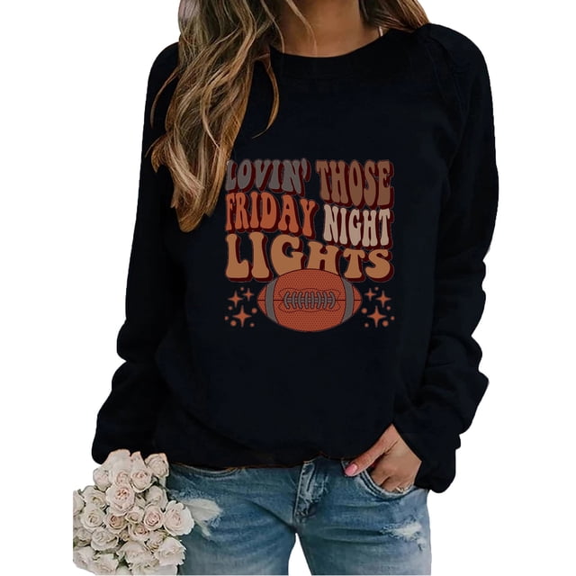 EQWLJWE Chandail à Col Rond à Manches Longues pour Femmes avec Imprimé de Lettres « Lovin' Those Firday Ninght Lights », Graphique de Rugby, Chandail Molletonné Décontracté pour Femmes, Hauts à Enfiler, Tenues pour Jour de Match, Grande Taille, Hauts d'Halloween