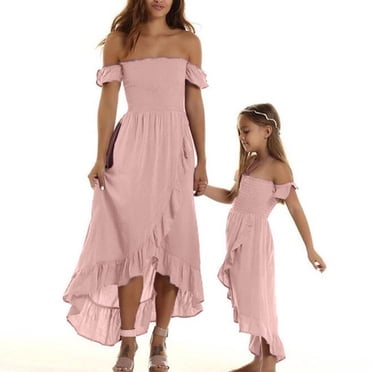 EYIIYE Mommy and Me Matching Dress Summer Off Shoulder Chiffon Sleeveless Dress