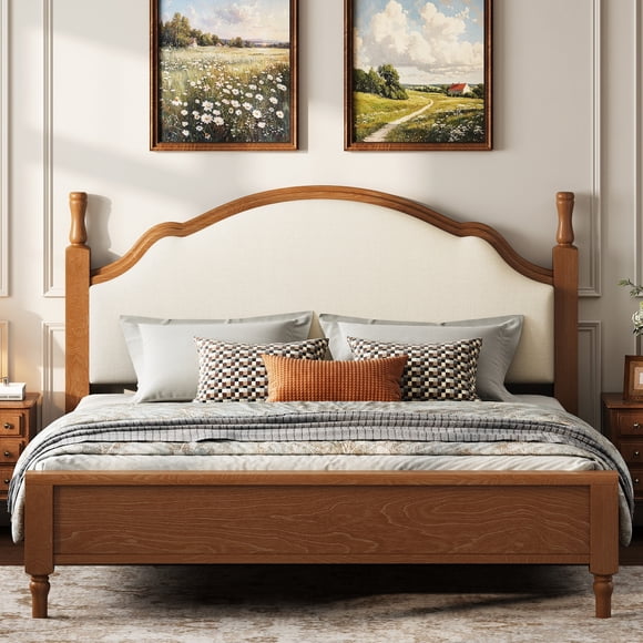Noble House Queen Wood Platform Bed with Upholstered Headboard,Brown Frame & Beige Fabric,No Box Spring Needed