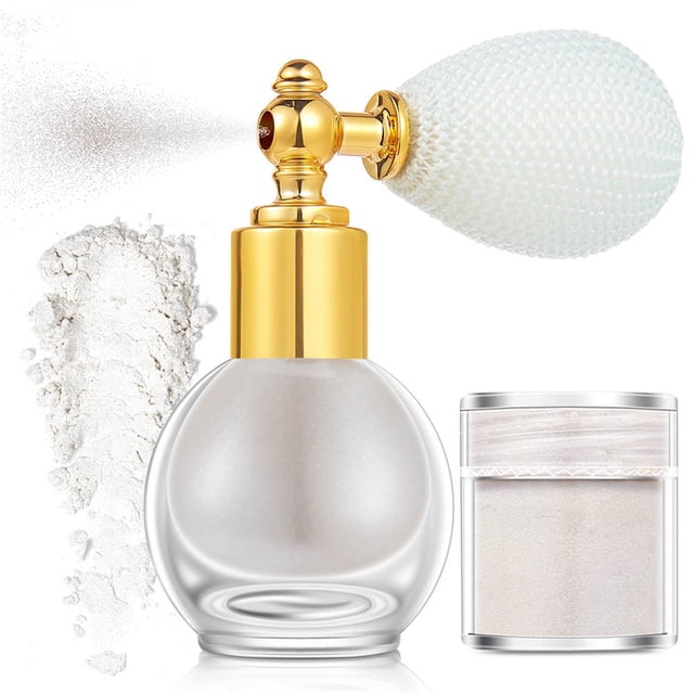 mtvxesu High Light High-gloss Brightening Powder Spray with a gold and clear bottle featuring a vintage-style atomizer and a glitter powder container. This body glitter spray is suitable for face, body, and hair, creating a shimmering effect on collarbones, shoulders, and legs. Offers a lasting, non-greasy finish and is ideal for makeup enthusiasts.