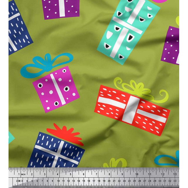 Soimoi Green Georgette Viscose Fabric Gift Box Party Printed Fabric 1 Yard 42 Inch Wide