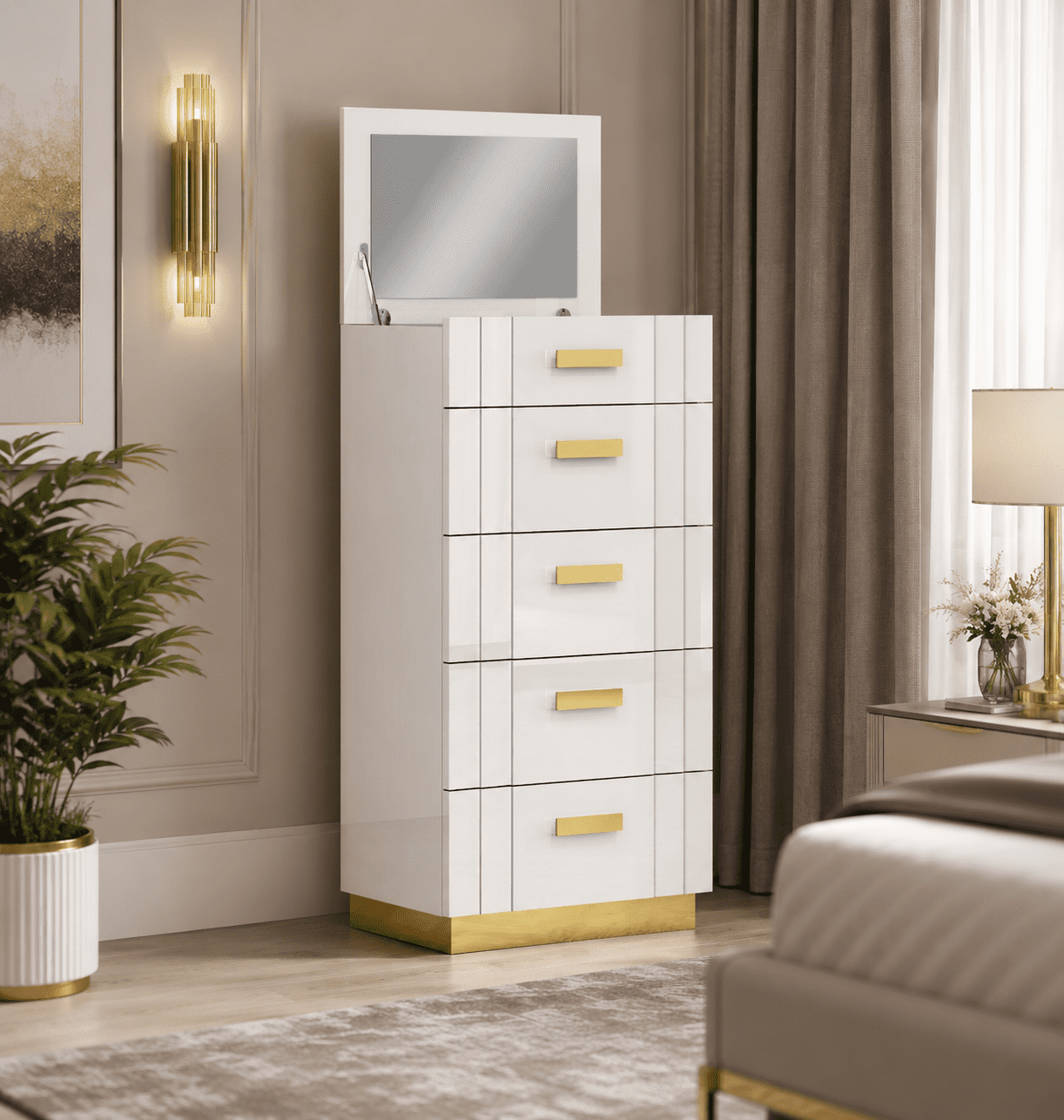 COFFRE TANNER EN ACCENT MÉTALLIQUE BLANC ET OR AVEC RANGEMENT MIROIR ET BIJOUX