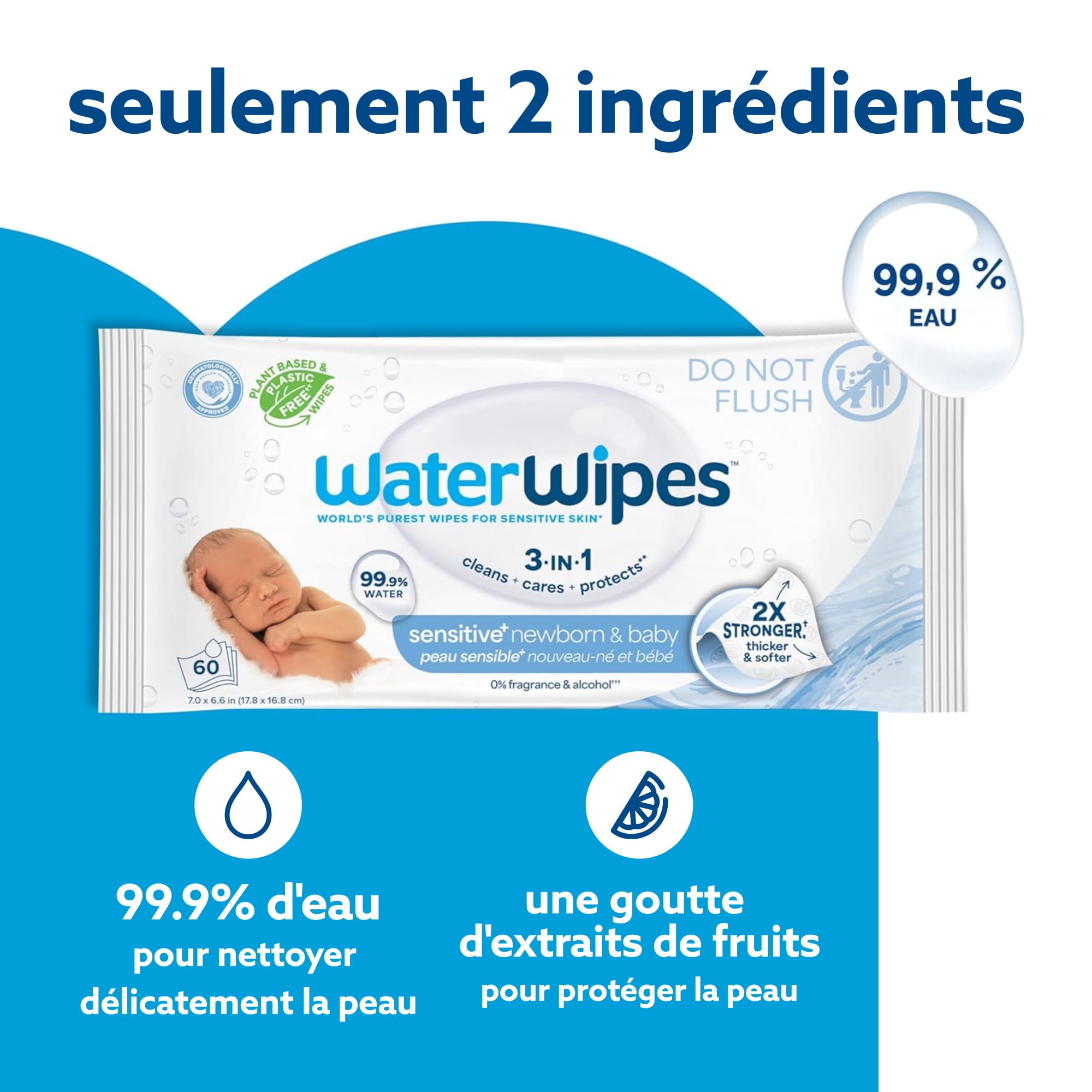 WaterWipes Sensitive Lingettes pour Nouveau-Nés & Bébés, 99.9 % d'Eau, Sans Parfum & Hypoallergéniques