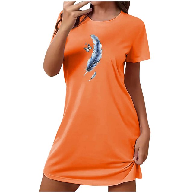 Mrat Jupe de Pyjama à Manches Courtes pour Femmes Nuisette Courte Surdimensionnée pour Femmes Mode Imprimé Poitrine Robe de Nuit à Manches Courtes P-86 Orange TTG