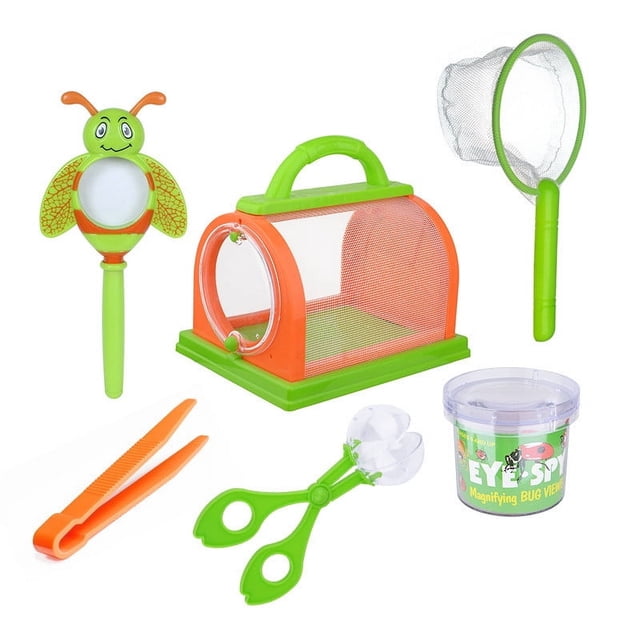Jouets Cage d'Aventure Extérieure pour Enfants avec Insectes, Ensemble Comprenant une Boîte d'Observation d'Insectes Multicolore avec une Poignée Verte et des Côtés en Maille orange, une Loupe Verte et orange en Forme de bug, un Filet de Papillons Vert, des Pinces orange, des Pinces Vertes pour Attraper des bug, et un Contenant Transparent Étiqueté « Eye Spy Grossissant bug View. » Idéal pour l'Apprentissage STIM et l'Exploration de la nature.
