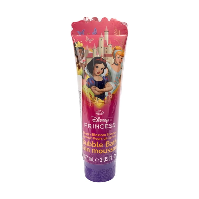 Princesse Disney Ensemble de 2 Tubes Bubble Bath Mettant en Vedette un Tube Rose et Violet Compressible avec des illustrations de Disney Princesses Snow White, Tiana et Cendrillon devant un Château, Parfum Fleur de Cerisier, 3 fl oz (88,7 ml), Idéal pour Créer une Expérience Magique à l'Heure du Bain.