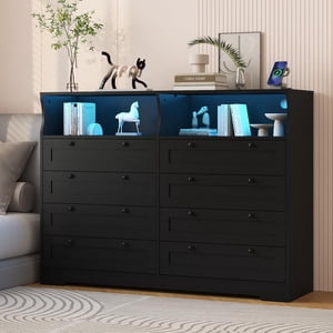8 Dressers Dressers en bois avec LED Lumières et sortie de puissance pour la chambre, Grande commode en bois moderne pour le salon, Hallway, grand coffre de tiroirs bois TV Dressers de support pour 55" TV (Noir_1)