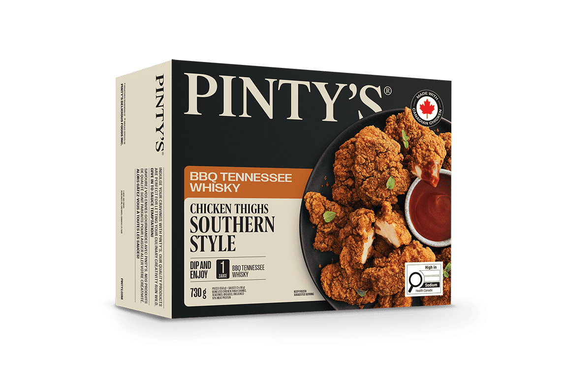 Pintys Morceaux de haut de cuisse de poulet désossés, assaisonnés, panés, non cuits - 16% de protéines de viande - avec sauce whisky Tenesse BBQ Pintys Morceaux de haut de cuisse de poule sauce whisky Tenesse BBQ