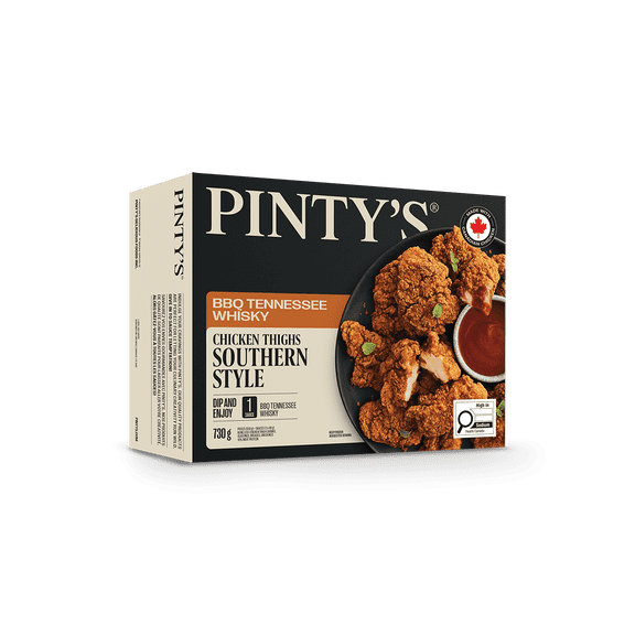 Pintys Morceaux de haut de cuisse de poulet désossés, assaisonnés, panés, non cuits - 16% de protéines de viande - avec sauce whisky Tenesse BBQ Pintys Morceaux de haut de cuisse de poule sauce whisky Tenesse BBQ