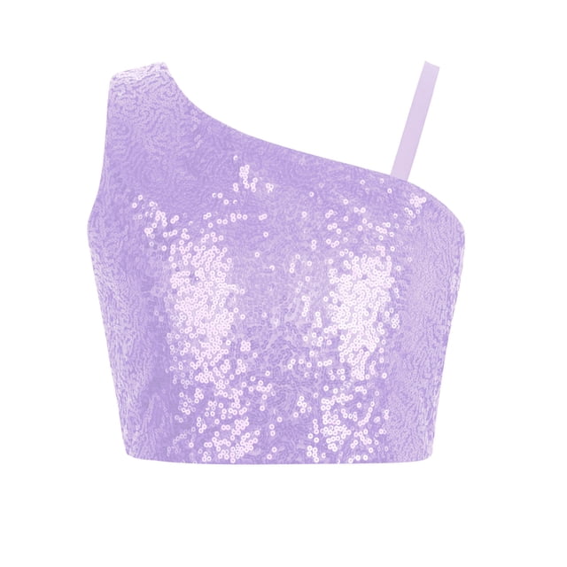 iixpin Girls Off Shoulder Tops Kids Sparkle Glitter Spaghetti Straps Pageant Crop Tank Top Purple 16