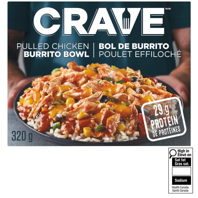 Crave Bol de Burrito au Poulet Effiloché Repas Surgelé avec Poulet Effiloché Tendre, Maïs, Haricots Noirs, Tomates en dés, Poivrons et Riz Blanc Garni d'Une sauce Crémeuse Tomate et chili dans une Assiette Noire, Portion de 320 g avec 29 g de Protéines, Idéal pour une Préparation Rapide au Micro-Ondes.