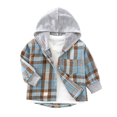 Chemises à Capuche en Flanelle pour Garçons, Manches Longues, Chemise à Carreaux à Boutons, Haut à Capuche à Manches Longues
