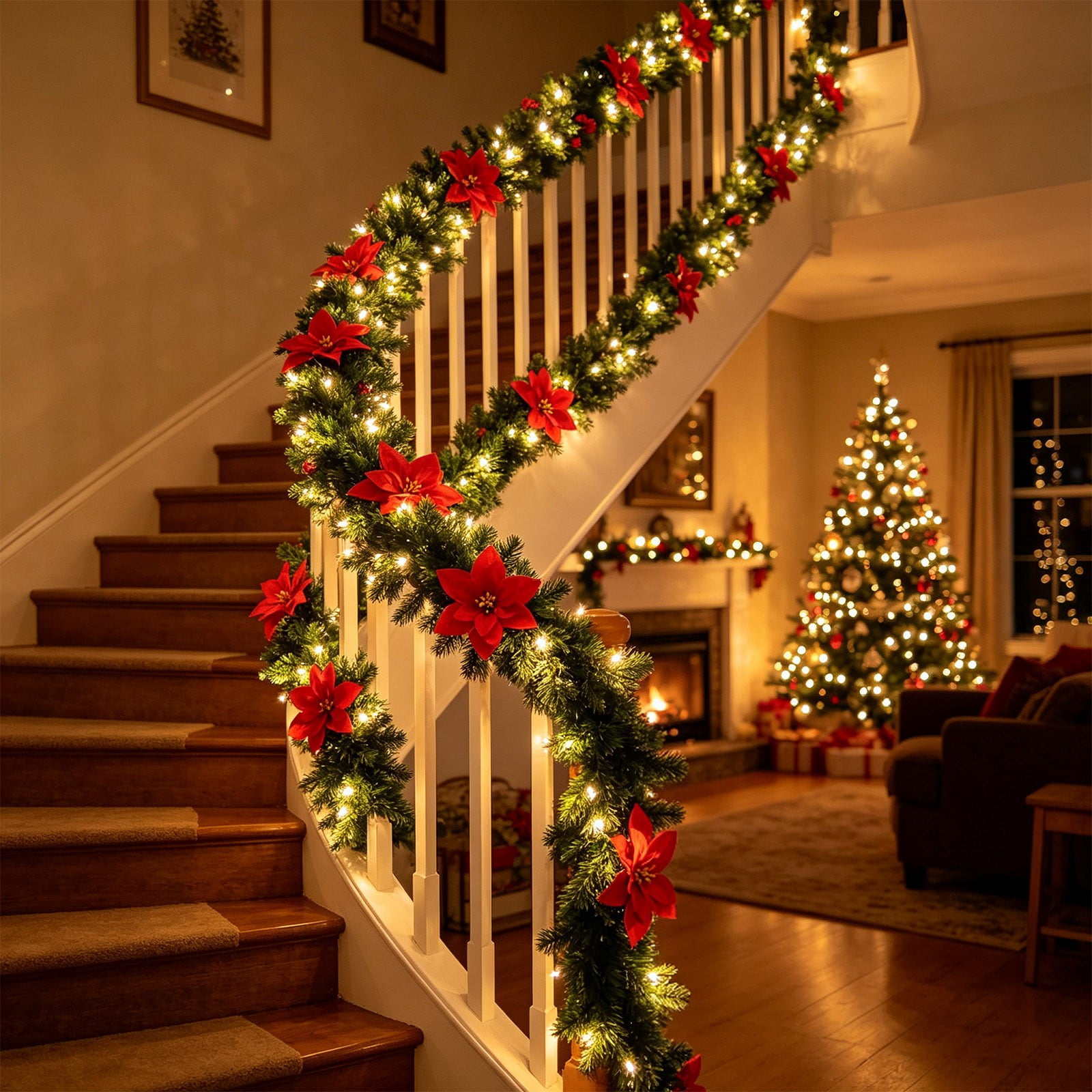Christmas Garland with LED Lights - Pre-Lit Artificial Xmas Decorative ...