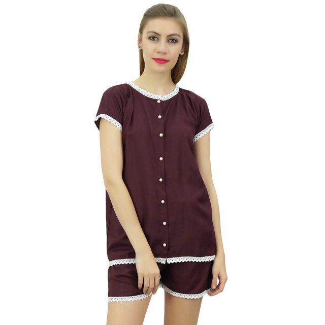 Bimba Ensemble de Pyjama en Dentelle Brun pour Femmes à Boutons, Chemise de Nuit en Rayonne et Short, Robe-18