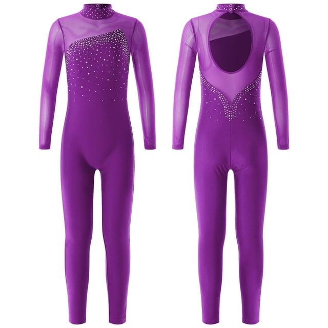 TiaoBug Combinaison de Patinage Artistique pour Filles, Col Montant en Strass, Tenue de Compétition, Violet, 8