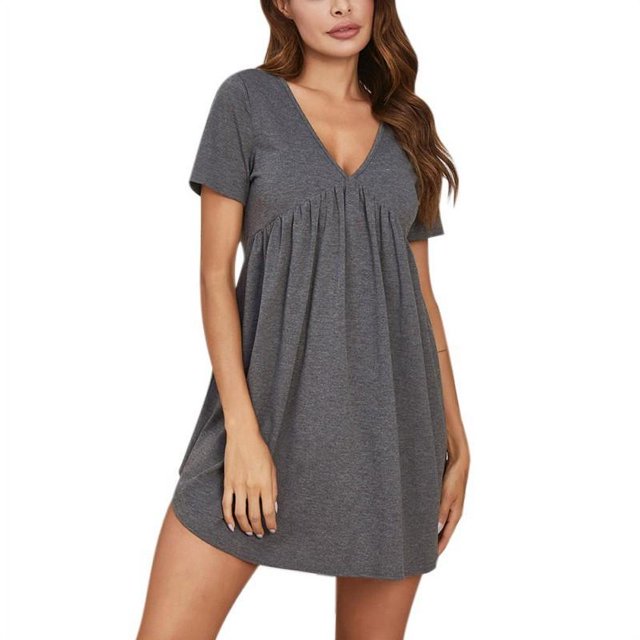 Pyjamas pour Femmes Col en V Couleur Unie Manches Courtes Décontracté Grande Taille Robe Ample L-2TG Noirgris Foncé et Rouge Vin