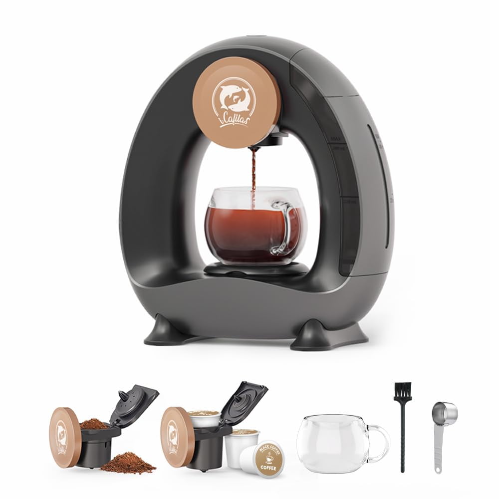 i Cafilas Quite Single Serve Coffee Maker, Stylish MINI Q 2 IN 1 Coffee Machines for Capsules & Ground Coffee, MA2205 (Dark Grey)