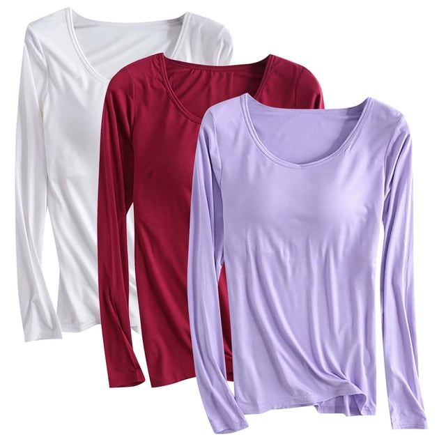 FcBaudy Hauts pour Femmes, Blouses & Chemises à Manches Longues Col Rond, Chemises pour Femmes Couleur Unie Coussin de Poitrine Chemise à Armatures Manches Longues Col Rond Chemise Femmes Pyjamas en Modal