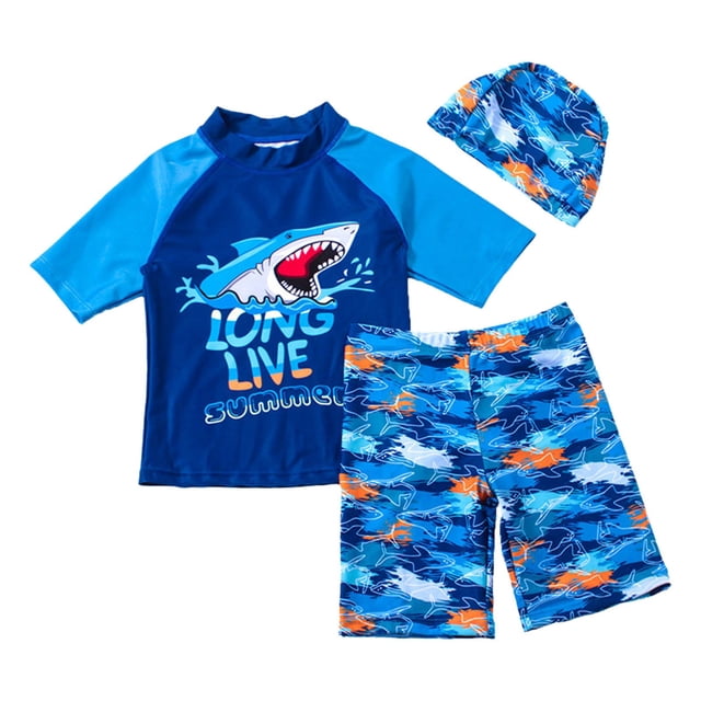 XASZHN Toddler Swimsuit Boy 3 Piece Boys Swim Set Short Sleeve Boys Swim Shirt Boy Swim Trunks Rash Guard Bathing Suits Boys Swim Shirt Blue 5-6 Years