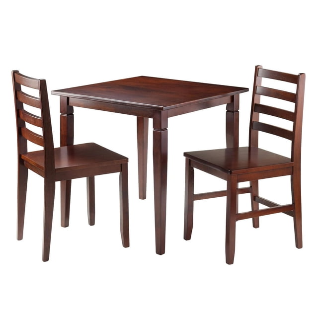 Winsome Kingsgate 3-Piece Dining Table with 2 Hamilton Ladder Back Chairs in warm walnut solid wood finish, featuring a 29.53-inch square table with 29.13-inch height and two ladder back chairs measuring 16.54 inches wide, 18.63 inches deep, and 34.7 inches tall with 18-inch seat height, ideal for small dining areas and also suitable for use as a compact workspace.