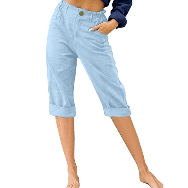 Innerwin Capris de Détente Taille Haute pour Femmes en Bleu Ciel, Taille TG. Ces Bas pour Femmes Présentent un design Taille Haute, un Ourlet Roulé et une Couleur Unie. Fabriqués à Partir de 95 % de Lin et 5 % d'Élasthanne pour une Sensation Douce et Respirante. Comprend des Poches Latérales pour Plus de Commodité. Idéal pour une Tenue Décontractée, des Vacances, Se Détendre Ou s'Agence avec des Hauts comme des t-shirts Ou des Chemisiers.