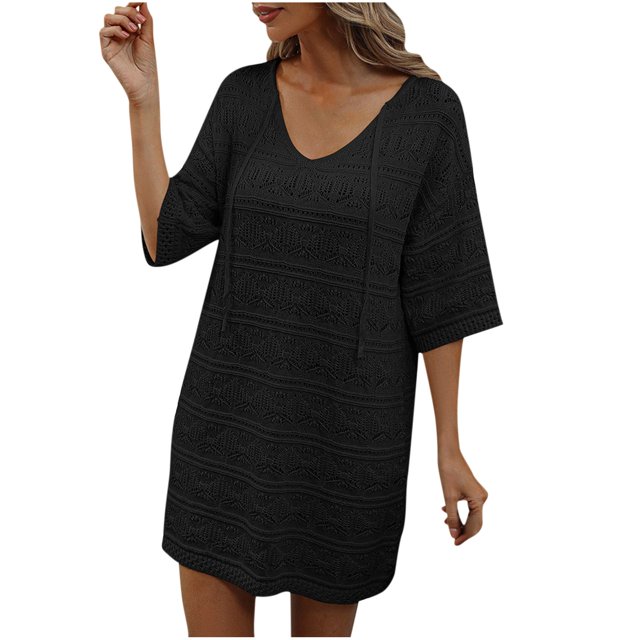 Birdeem Womens Summer Solid Color Hollow Out Vacation Beach Dress Sun Protection Blouse