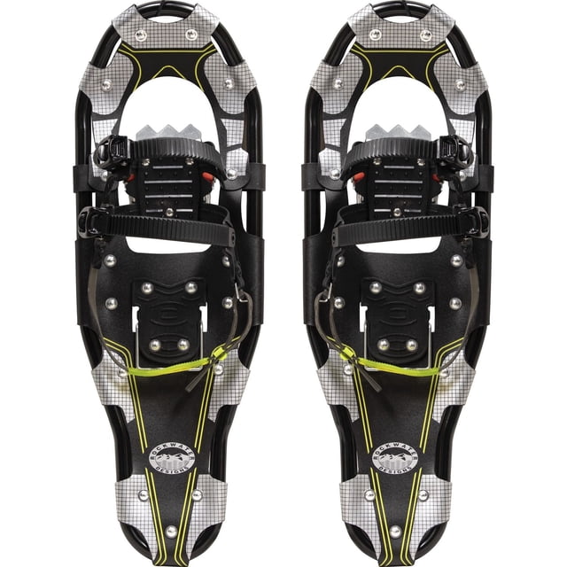 RWD Trapper Tail Chaussures de Spectacle avec tubes Extérieurs en Aluminium Anodisé T6061 et Plateau HD-PE Noir avec Motif à Grille Argenté, avec Fixations à Cliquet de Pompe Sans Gel et Griffes en Aluminium avant et Arrière pour l'Adhérence dans la Neige, Mesurant 34 par 10 Pouces, Conçues pour la Raquette et les sports d'Hiver, Convient aux Utilisateurs de 180-300 Lb.