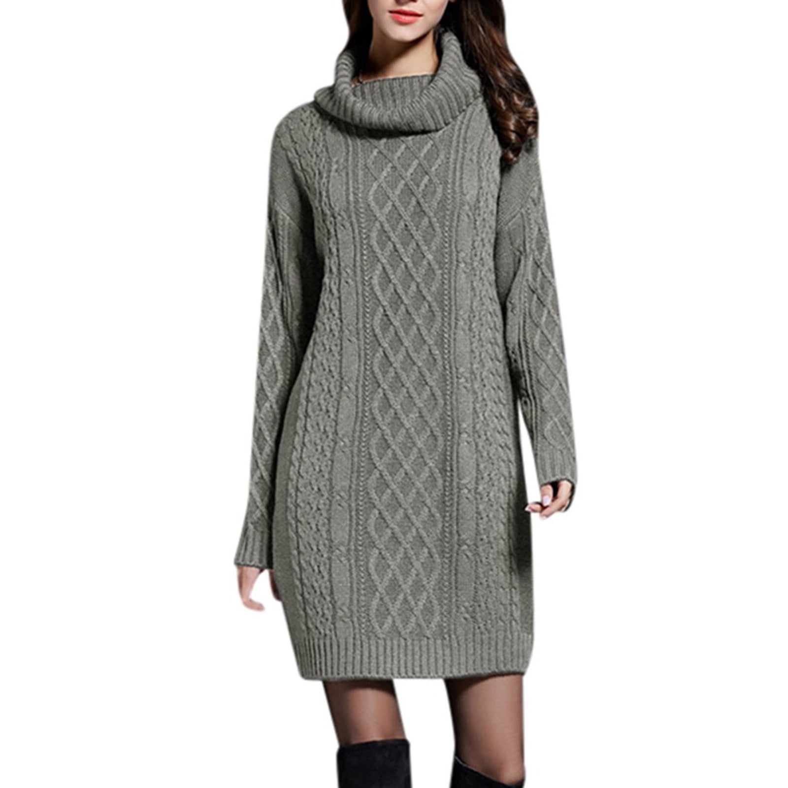 Womens Solid Color High Collar Casual Knit Sweater Dress
