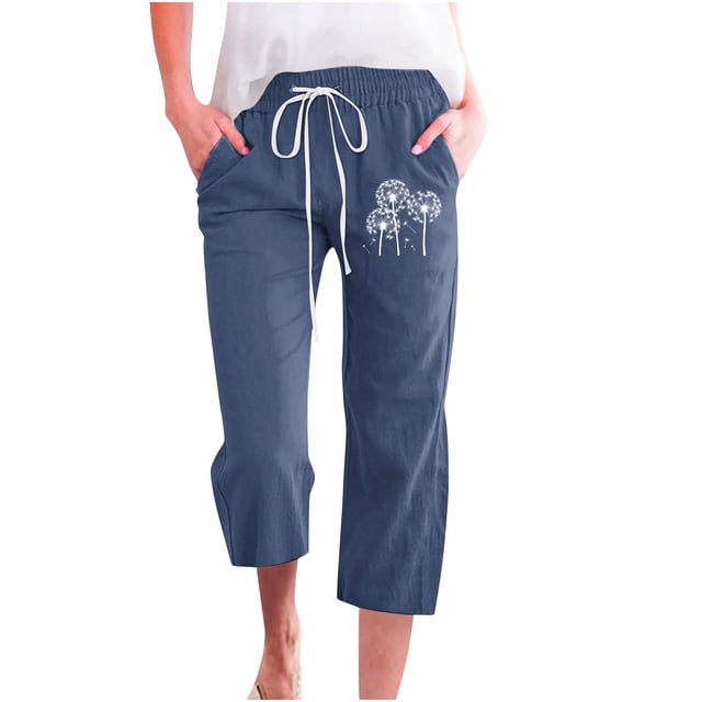 VEKDONE Womens Cotton Linen Capris Pants Print Capri Pant Navy S