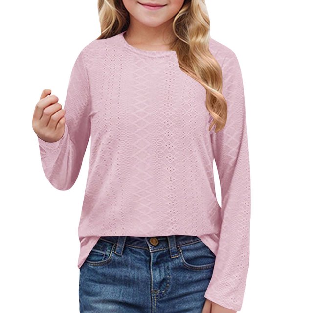 MeetoTime Girls Long Sleeve Solid Color Shirts Cute Crewneck Casual Blouses Children's Spring Fall Undershirt