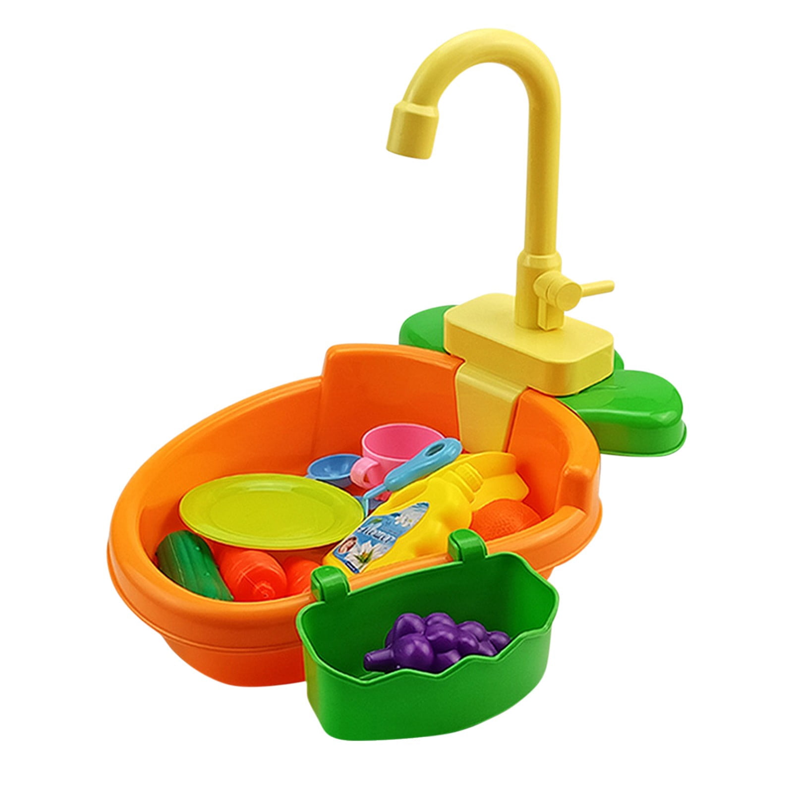 TOUMENY Kitchen Sink Set with Running Water, Simulated Sink Play Set with Tableware Vegetables, Educational Kitchen for with Circulating Pump, Orange