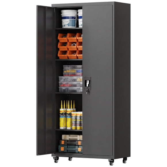 HOMCOM Metal Storage Cabinet with Removable Wheels, 71" Tall Tool Cabinet
